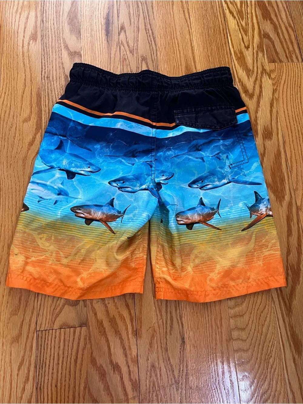 Boys Shark Print Swim Shorts in Blue & Orange